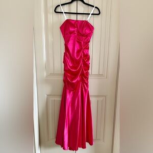 Laura Shimmering Satin Pink Mermaid Style Grad Dress with Front Slit